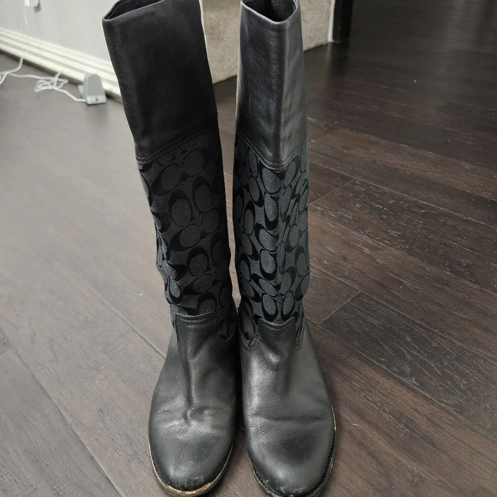 Coach Chrissi Signature black leather and fabric riding boots size 7.5 B - Picture 2 of 11